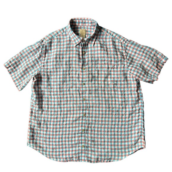 Jos A Bank Men's Button Down Shirt XL 100% Linen Blue Pink Plaid Collared Up - Picture 1 of 9